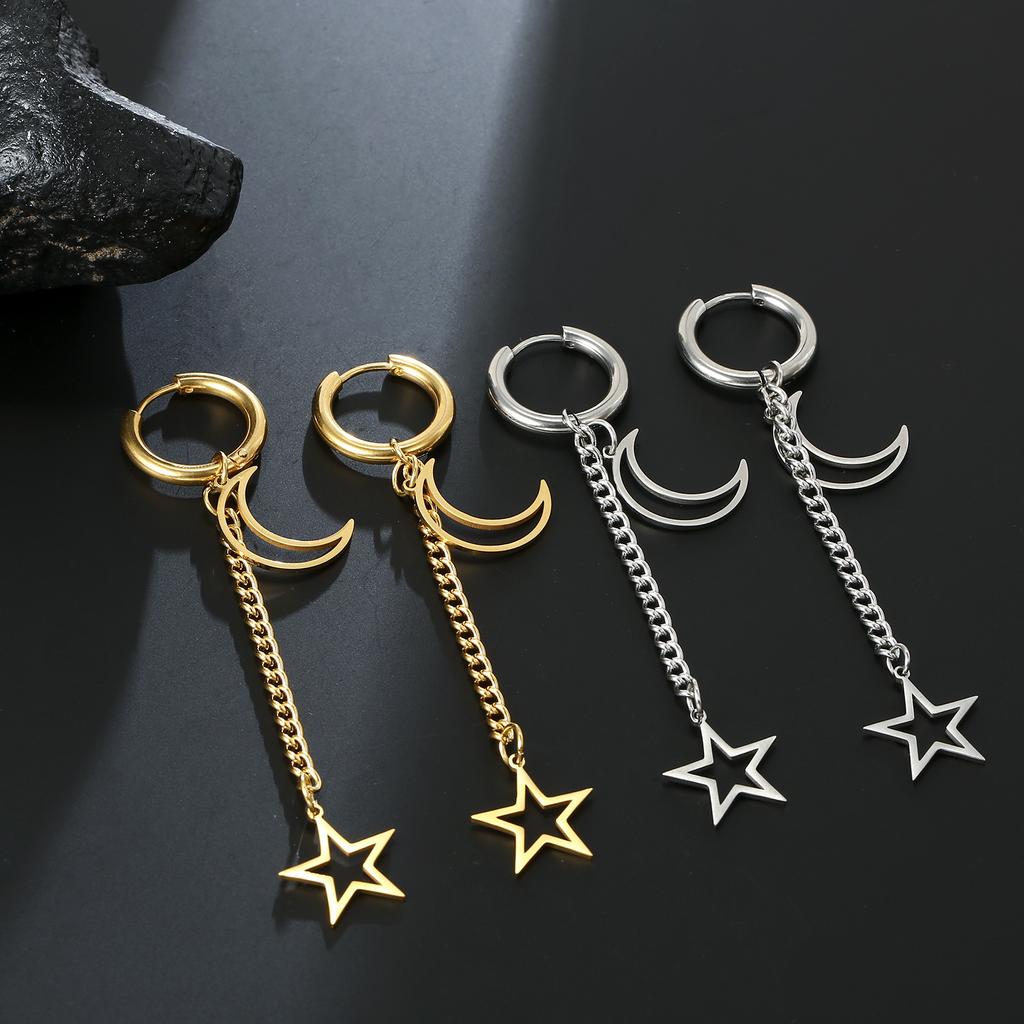 Stainless Steel Moon Star Pendant Earrings for Women Ear Buckle Hip Hop Hoop Earrings Gothic Girl Jewelry Accessories Best Gifts