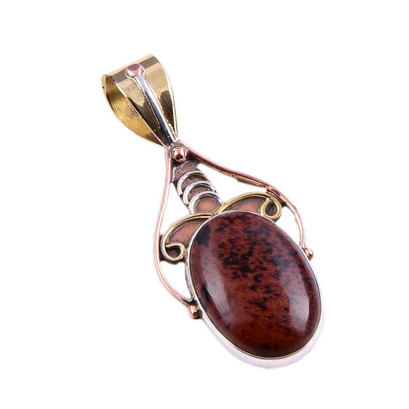 Натуральный обсидиан махагони драгоценный камень 925 проба цельное серебро двухцветная подвеска 1,5" H8c68