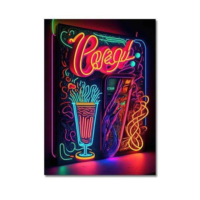 Неоновый арт, пицца, гамбургер, кофе, мороженое, плакат, настенная живопись на холсте, печатные изображения, ресторан быстрого питания, клубный бар, домашний декор без рамки