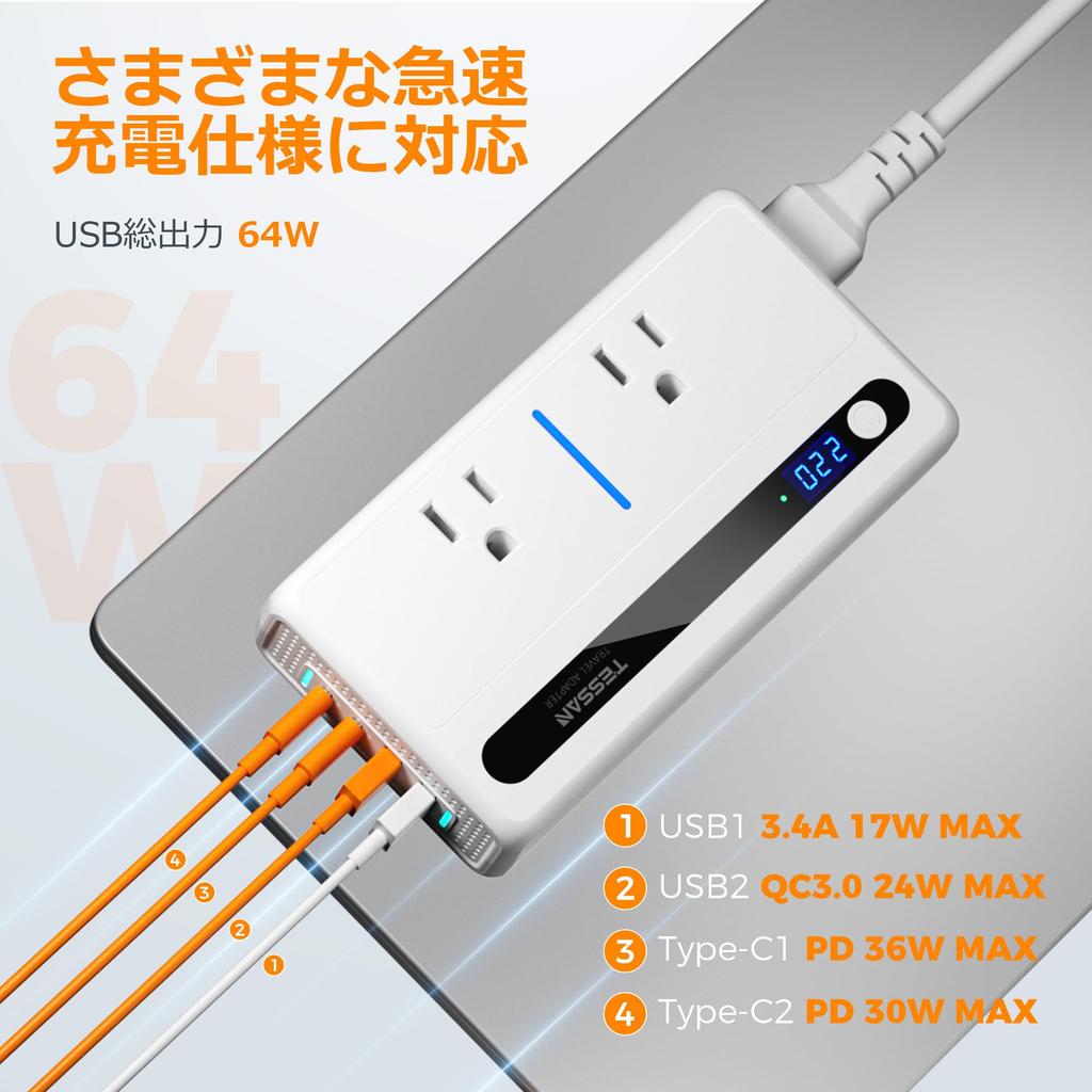 TESSAN 220V To 100V Voltage Converter for International Travel, 64W Total, Fast Charging, Worldwide Compatible, Includes CBFOB3L Types, 4 USB (2 USB