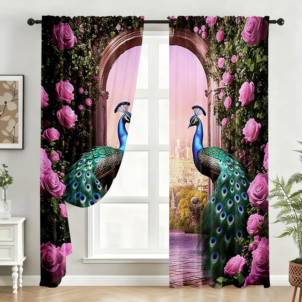 2PC Peacock & Rose Arch Curtains - Exotic Floral & Bird Print Window Drapes for Bedroom Living Room Decor