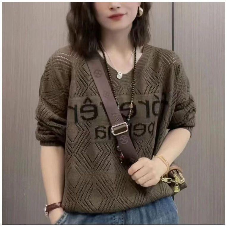 New Autumn Letter V-neck Long Sleeve Hollow Out Knit Sweater Loose Thin Top for Women