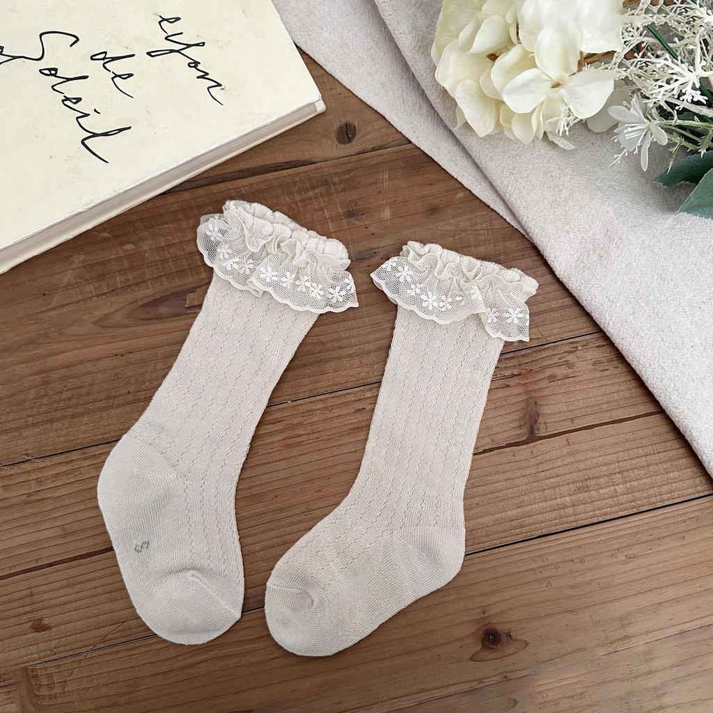 Весенне-летние тонкие детские гольфы, дышащая сетка, кружево, принцесса, детские хлопковые бесшовные гольфы до колена для новорожденных