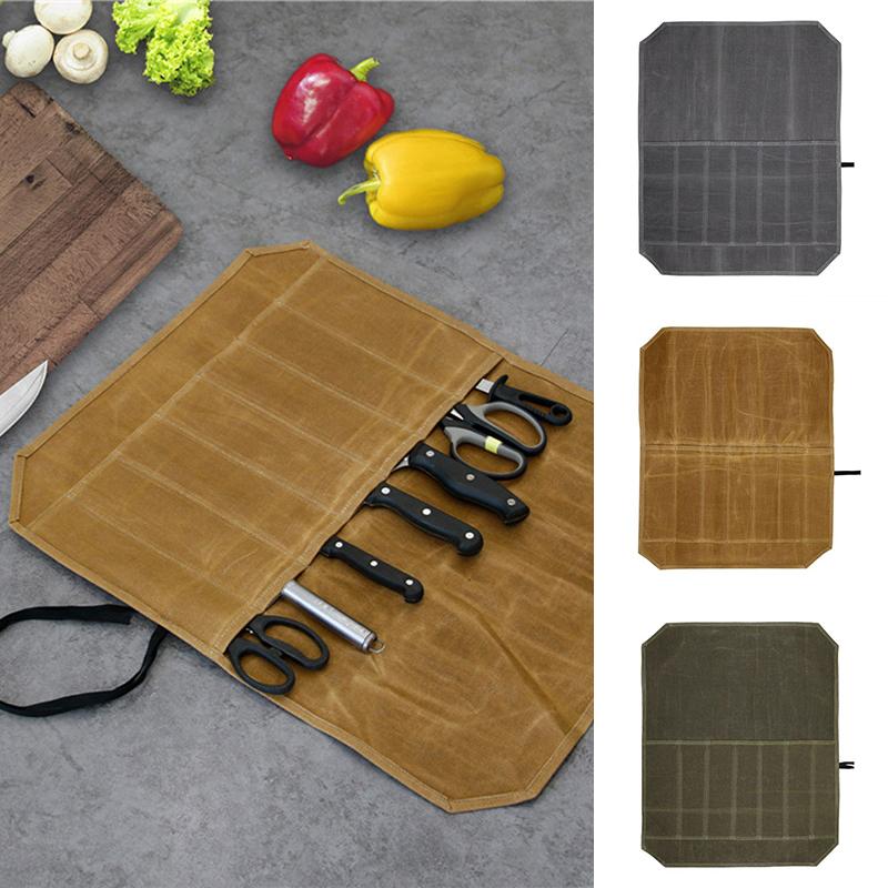 Chef Knife Bag Canvas Knife Roll Bag Kitchen Cooking Portable Durable Carry Bag Knife Storage Pockets Knives Accessories