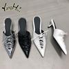 PU Europe and America Style Sexy Fine High-heeled Shoes Women's Slippers 2024 New Fashion Solid Color Hollow Out Sandals Summer