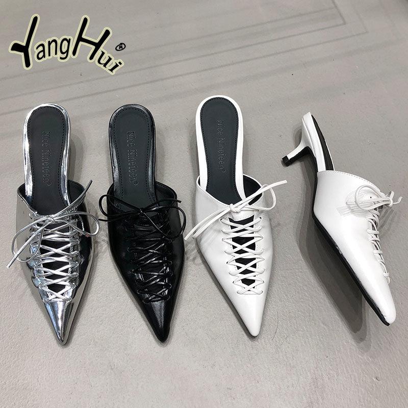 PU Europe and America Style Sexy Fine High-heeled Shoes Women's Slippers 2024 New Fashion Solid Color Hollow Out Sandals Summer