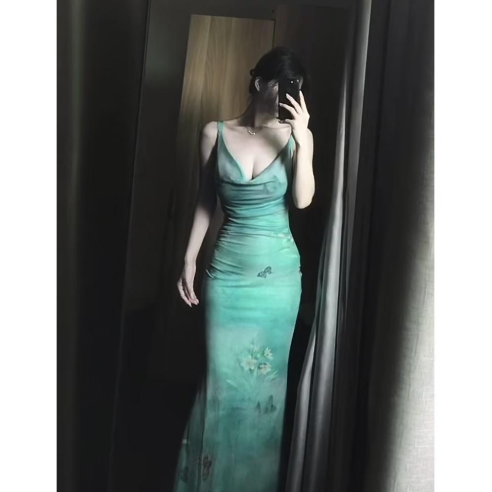 Платье-сарафан с отложным воротником и принтом бабочек, женская летняя юбка «рыбий хвост», юбка по талии, подчеркивающая фигуру, облегающее бедра платье