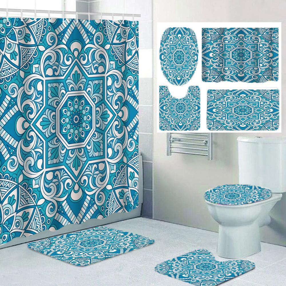 Geometric Pattern Shower Curtain Set With Toilet Seat Cover And Rug 70.8x70.8 Inch