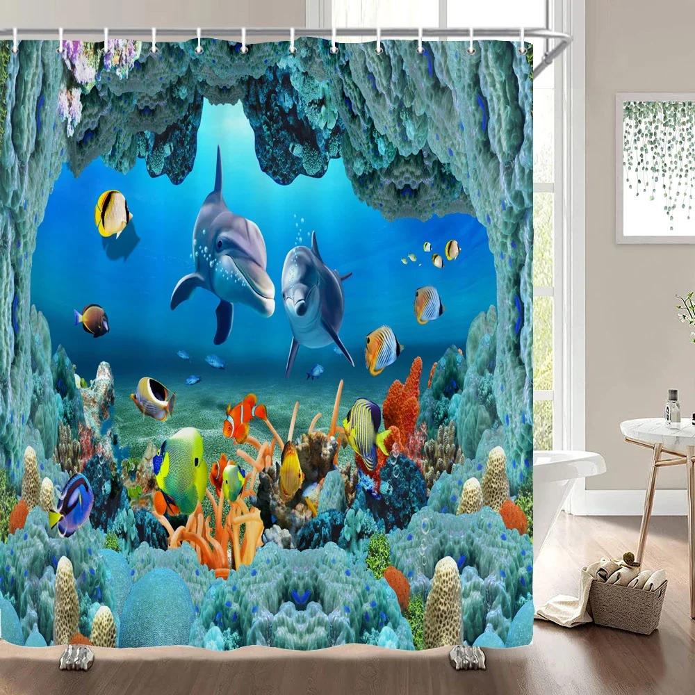 Подводный мир Рыба Черепаха 3d Шторки для душа Океан Дельфин Морской пейзаж Ткань Водонепроницаемая Занавеска для ванны Декор для ванной комнаты Экран