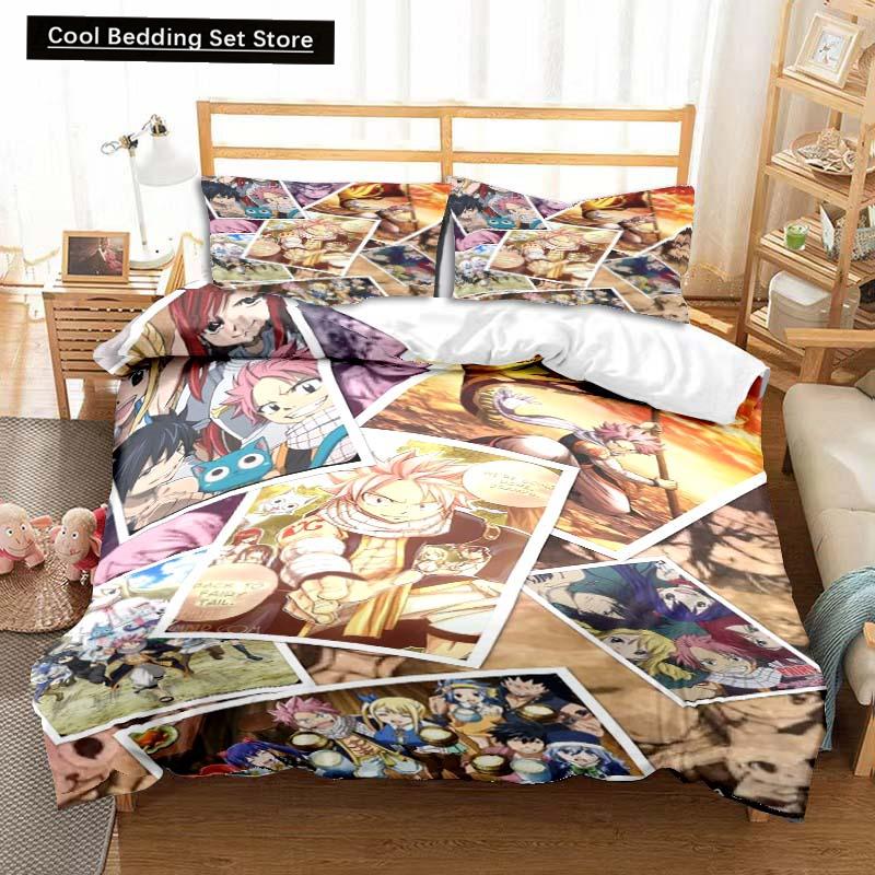 3D Anime Fairy Tail Bedding Set Bed Three-piece Set Duvet Cover Single Double Bed Queen Size Duvet Cover Set Adult Kid's Bedroom