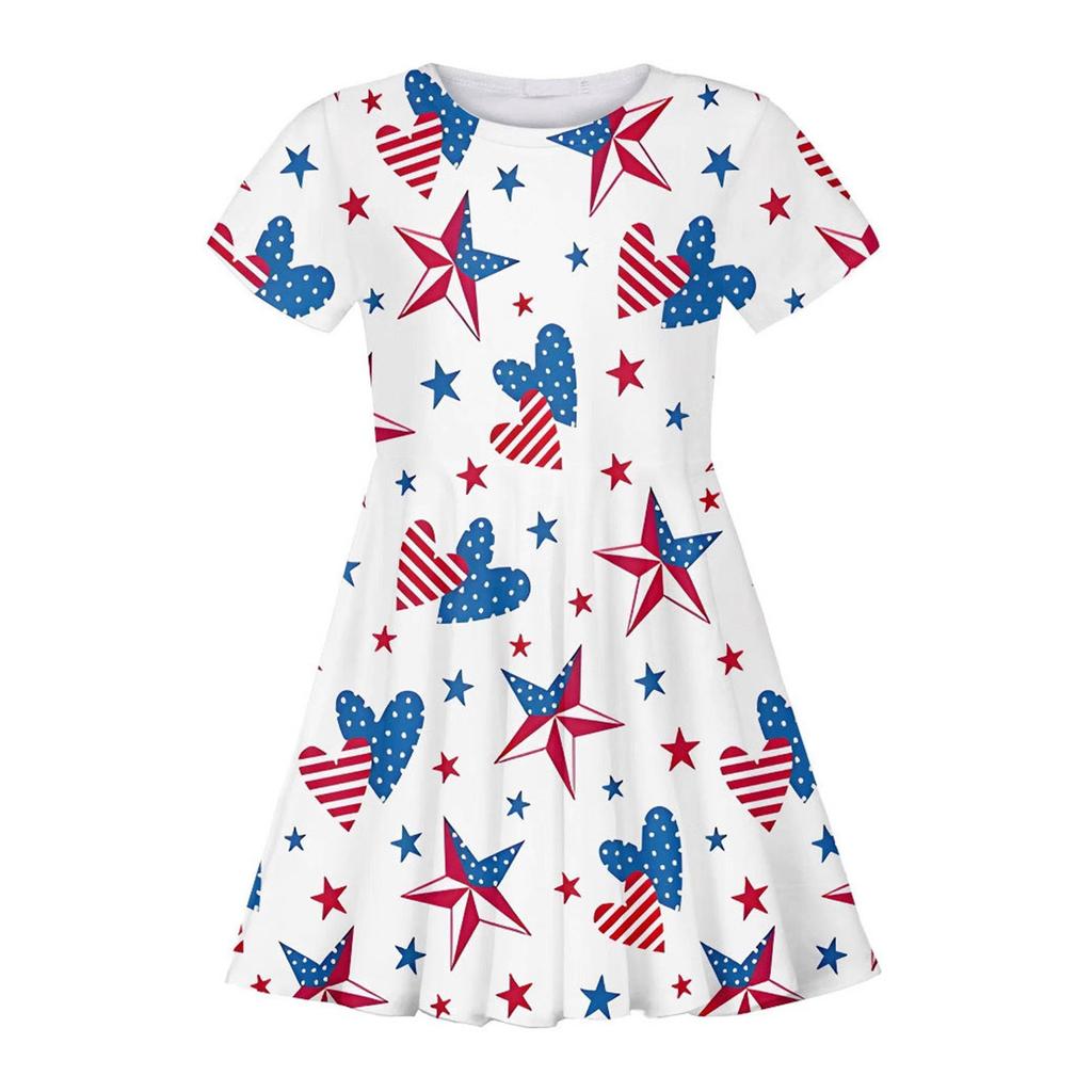 Summer Casual Loose Print Sweet Girl Short-sleeved Princess Independence Day Dress