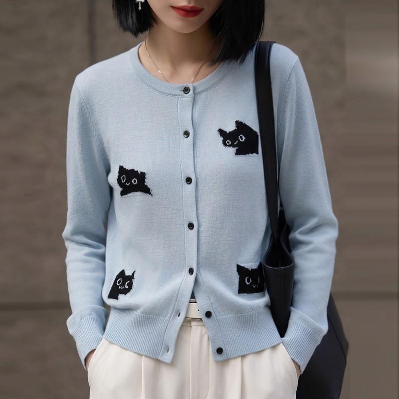 Womens Knitted Cardigan Sweater With 3D Animal Embroidery Round Neck Loose Fit Wool Blend Top Office Casual Wear