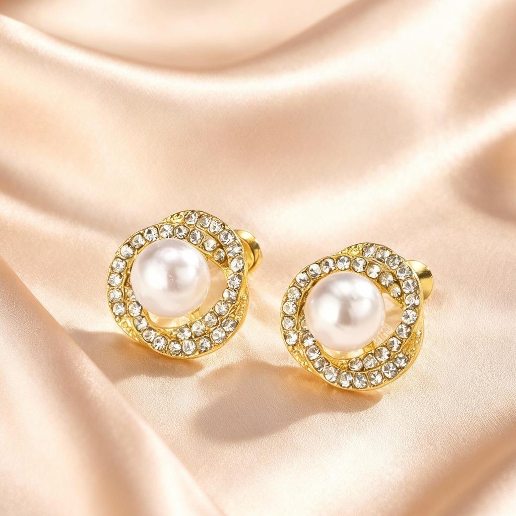 Twist Spiral Inlaid Zircon Stud Earrings for Women Girl, Elegant Round Imitation Pearl Earrings, Korean Fashion Ear Jewelry