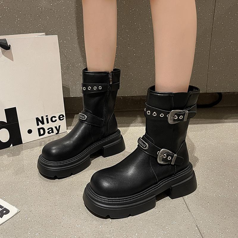 Belt buckle tooling boots Western cowboy boots Coarse heel short boots Women's 2025 new autumn and winter thin boots Medium boots