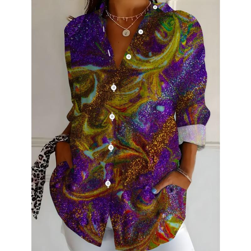 New Plus Size Women's Long Sleeve Printed Shirt Digital Printing Versatile Elegant Shirt for Girls Purple Gold Fluid Style