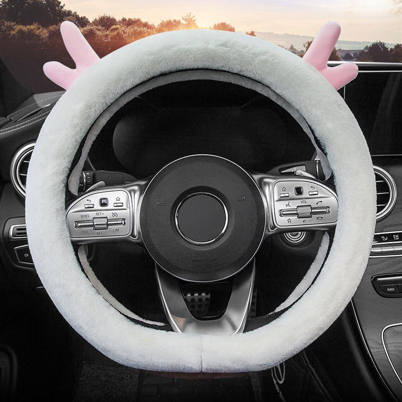 Car Accessories Winter Warmth Steering Wheel Cover Christmas Gift Cute Antlers Steering Wheel Protections Cover Plush Anti-Slip
