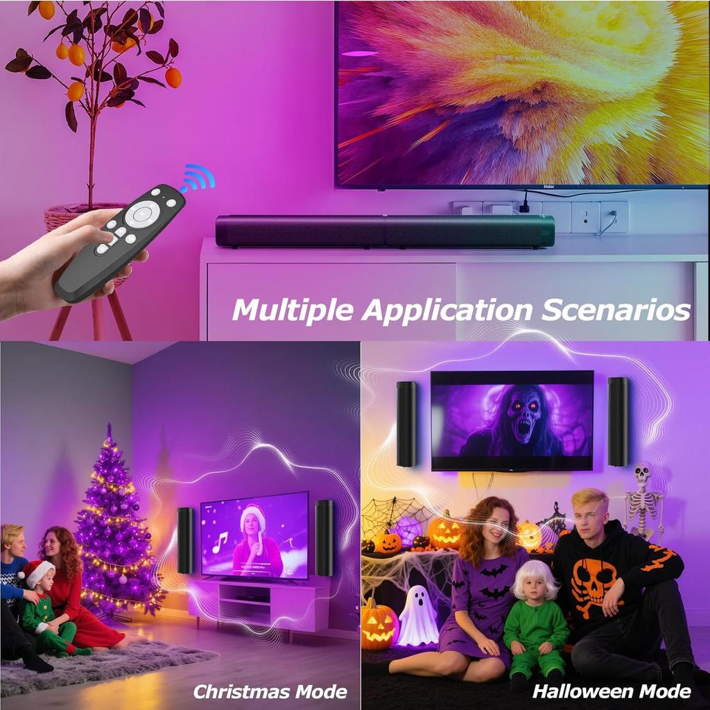 100W Sound Bar for Smart TV with 3 RGB Lights Modes, Bluetooth 5.3 ARC/Opt/AUX Connect Detachable 2-in-1 Speaker3 Equalizer Modes