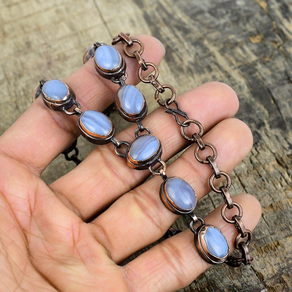 Ожерелье из голубого кружевного агата, ожерелье из электроформированной меди, украшения из драгоценных камней ручной работы, ожерелье с регулируемой цепочкой, антикварные украшения, подарки для мамы