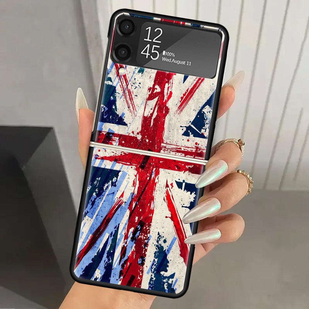 Флаг Великобритании Union Jack Англия Жесткий ПК Чехол для Телефона для Samsung Galaxy Z Flip 7 6 5 4 3 Черный ZFlip7 ZFlip6 Flip5 Flip4 Flip3 5G Печать