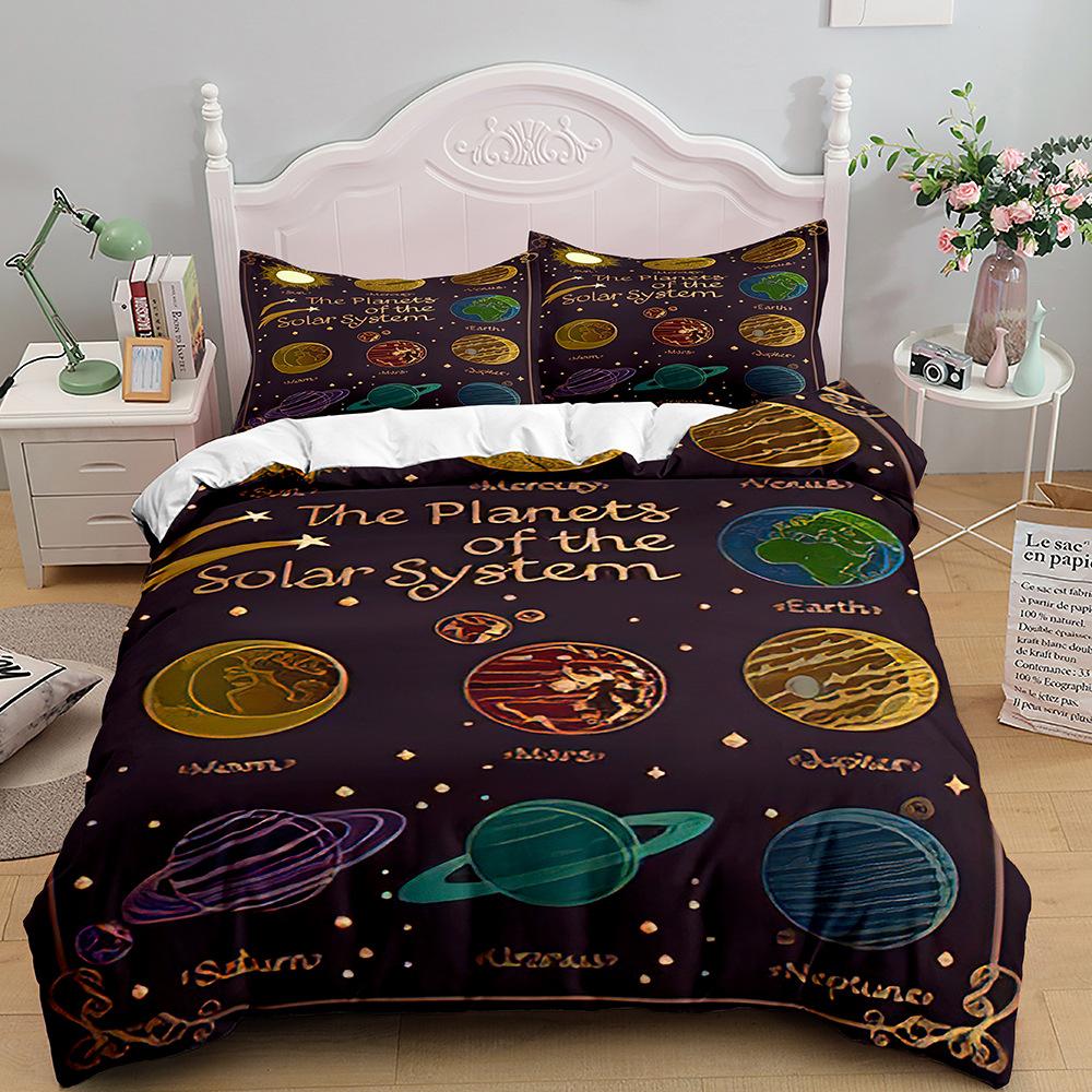 Cartoon Planet King Queen Duvet Cover Solar System Galaxy Universe Bedding Collection Fantastic Space Star 23Pcs Polyester Quilt Cover