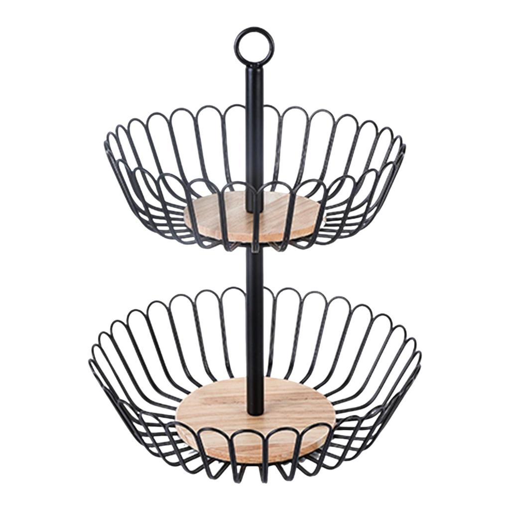 Двухъярусная корзина для фруктов, подставка для хранения, конфетница, деревянное основание, железная проволока, овощная миска, сервировка еды, вечеринки, ярусная подставка для хранения конфет
