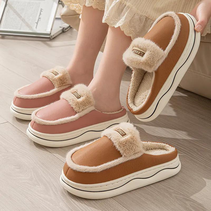 WTEMPO Пара ПУ толстый плоский каблук плюшевые теплые домашние тапочки искусственная кожа закрытый носок осенне-зимние хлопковые тапочки