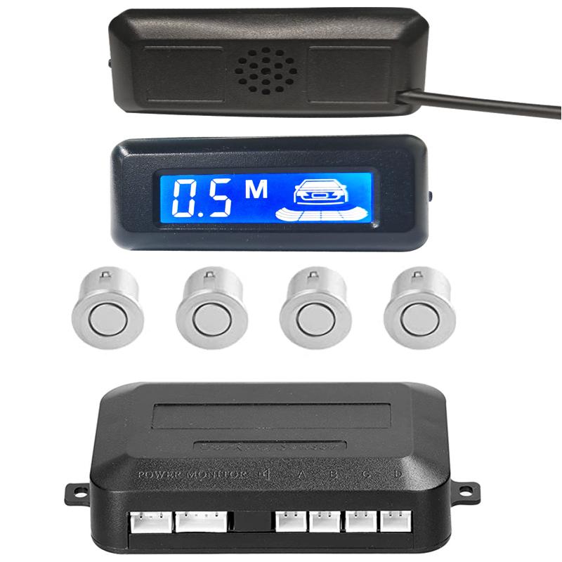 Car Reverse Radar Kit 12VDC Vehicle Parking Sensor System 4 Sensors Backup Assist System with LED Distance Display Sound Warning