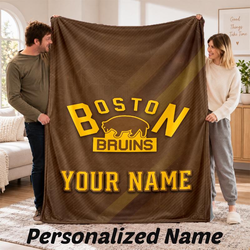 Boston Bruins Personalized Flannel Blanket Custom Name Text Soft Throw Blanket Home Decor