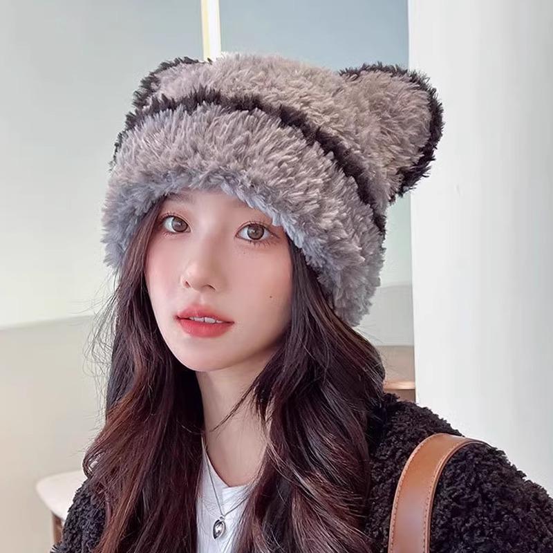 Hat Women'S New Cute Bear Ears Knitted Wool Hat Winter Warm Face Small Ear Protection Plush Hat