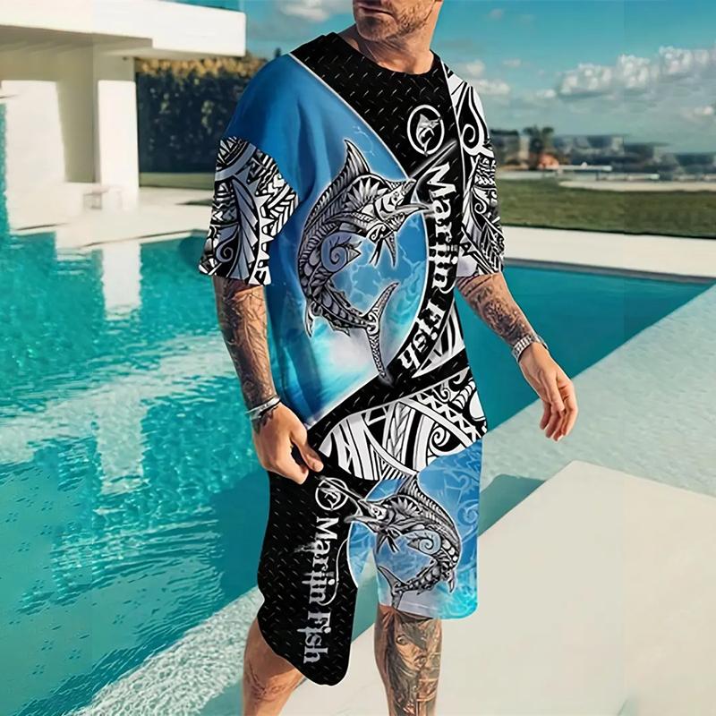 2025 Новый летний мужской спортивный костюм с принтом тигра, повседневный уличный костюм, 3D стерео принт, пляжная одежда, мужская футболка, шорты, комплект из двух предметов