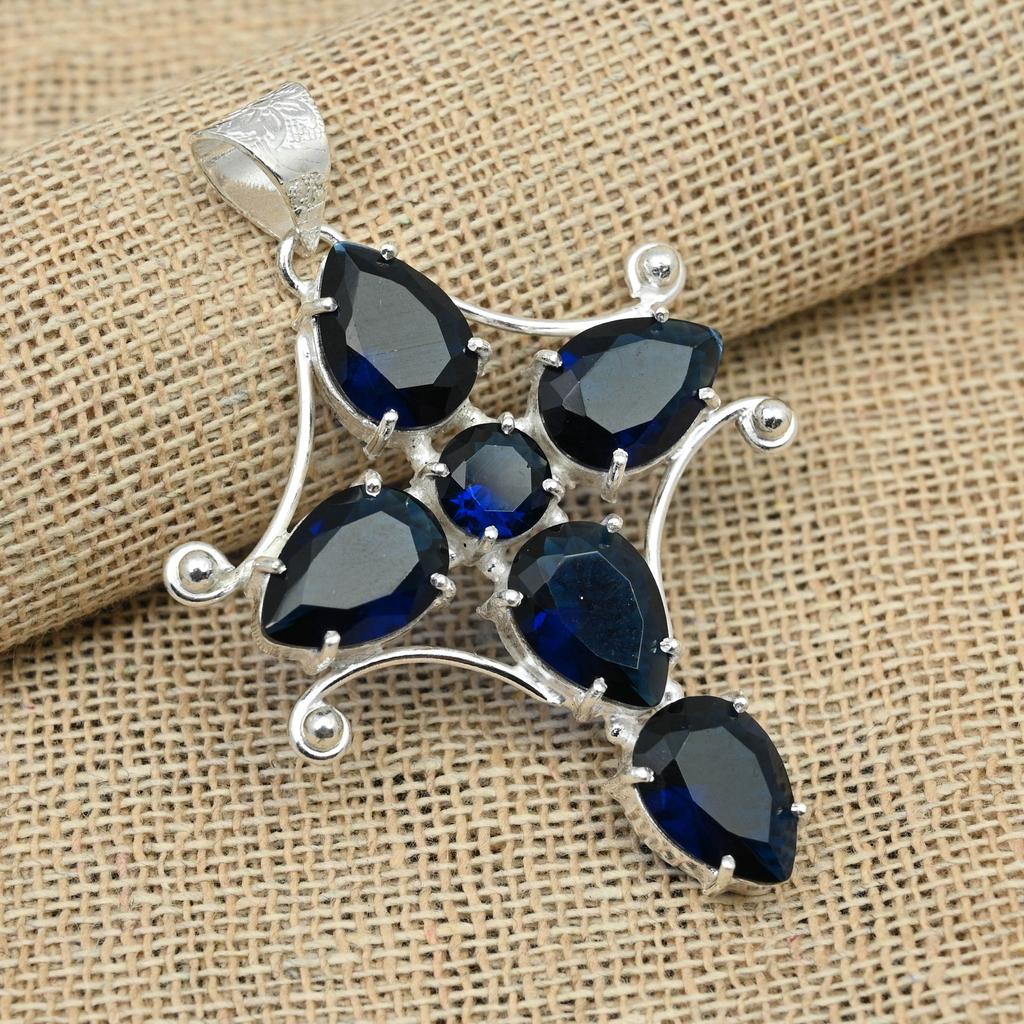 925 Sterling Silver Blue Sapphire Lab-Created Jewelry Handmade Gemstone Fancy Pendant