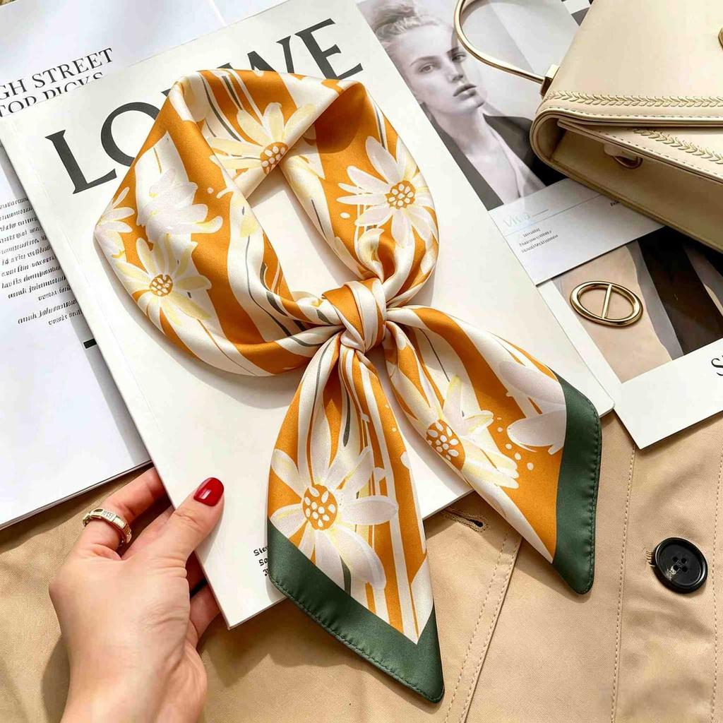 French retro silk scarf ribbon silk versatile women's 71 small square scarf simulation fashion professional scarf elegant light luxury