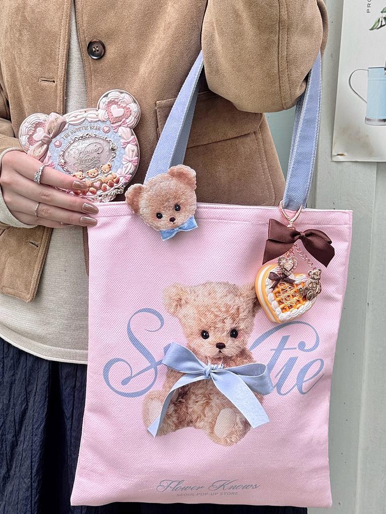Flower Knows Лимитированная серия Pop-Up Store Пастельно-розово-голубая эстетичная ручная зеркальце с пуховкой и холщовая сумка-тоут для макияжа