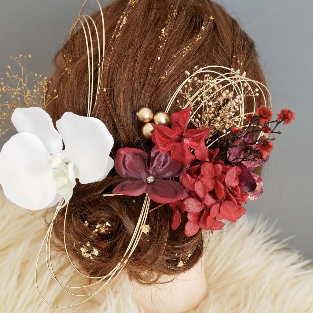 Preserved Flower Hair Ornament with Gold Phalaenopsis Orchid for and Japanese Clothing [Bria] Leaf, (Red), Coming-of-Age Ceremonies, Graduations,