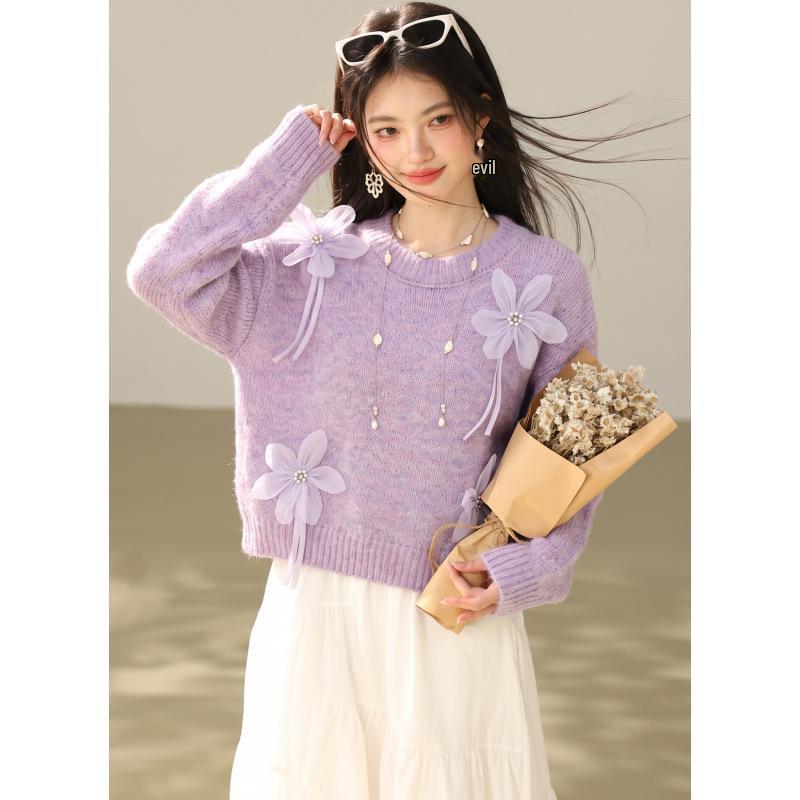 Soft 2026 Autumn Women's Round Neck Sweater with 3D Floral Design