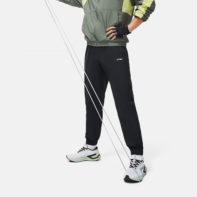 Мужские трикотажные спортивные брюки с манжетами и логотипом Li Ning, черные AYKU061-1