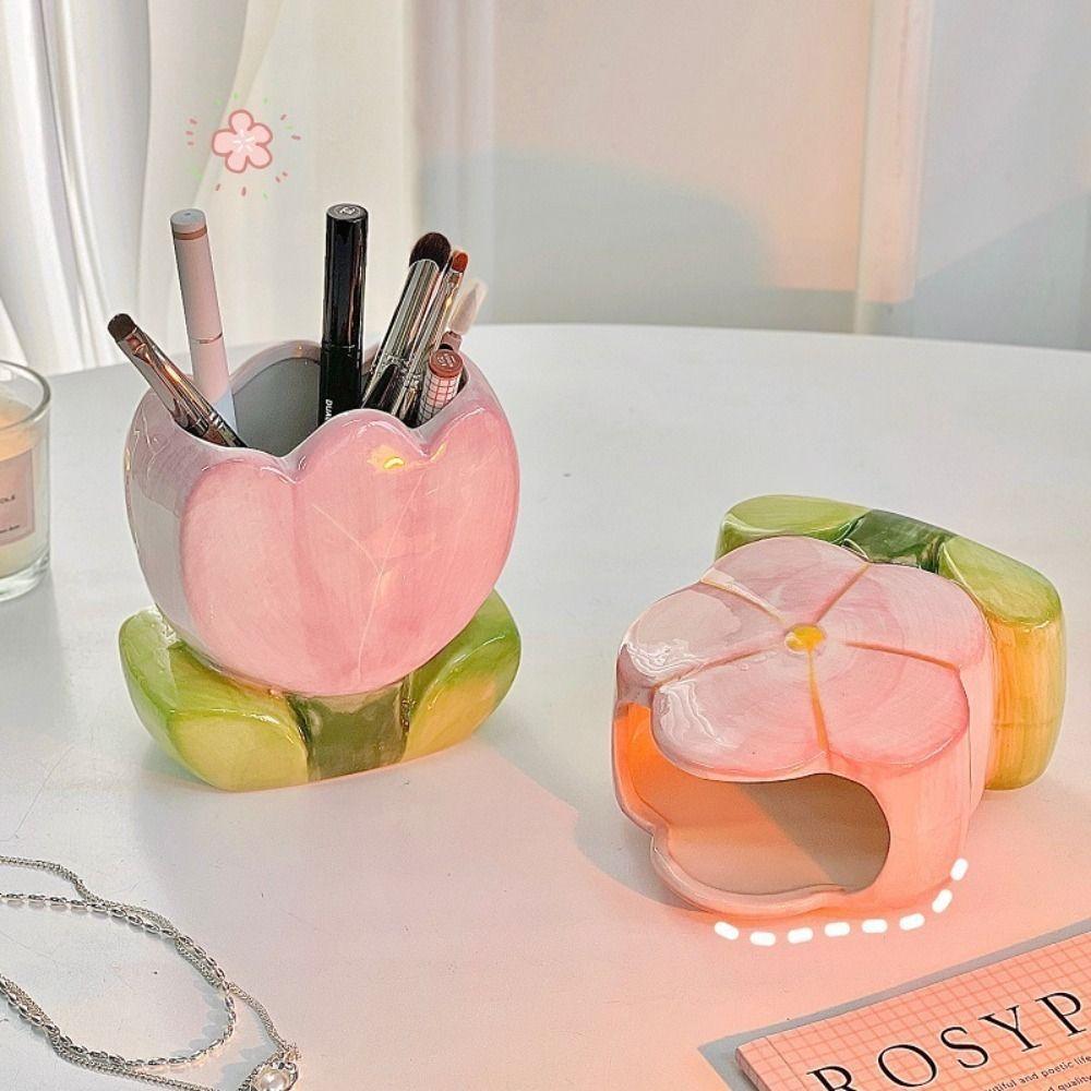 Tulip Flower Flower Makeup Brush Storage Bucket Ceramic Ceramic Tulip Pen Holder  Office Pen Holder
