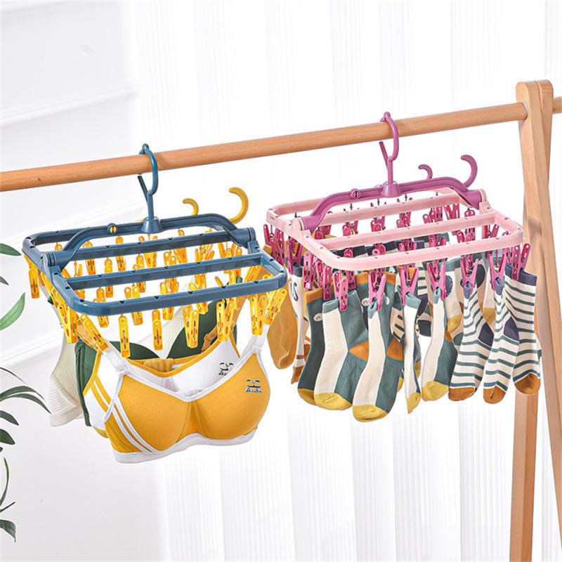 32 Clips Folding Clothes Dryer Hanger Windproof Socks Underwear Drying Rack Household Children Adults Storage Laundry Rack