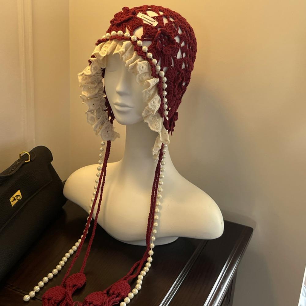 Hollow Out Lace Beanies Pearl Tassels Knit Cap Casual Crochet Flower Knitted Hat Girls