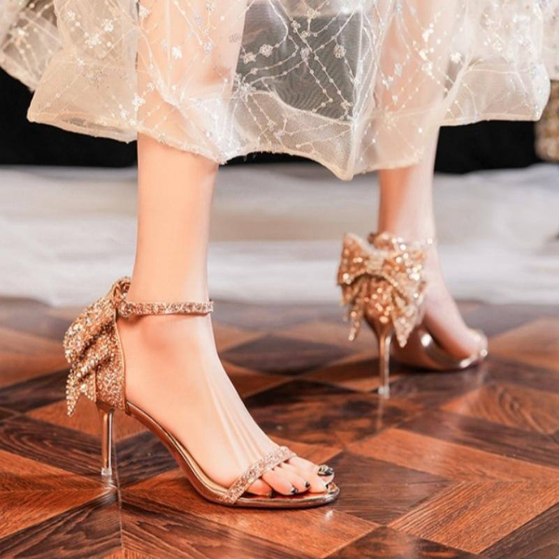 Luxurious Rhinestone Bow Sequin High Heel Sandals Thin Heel Silver Champagne Banquet Wedding Shoes for Women Pumps