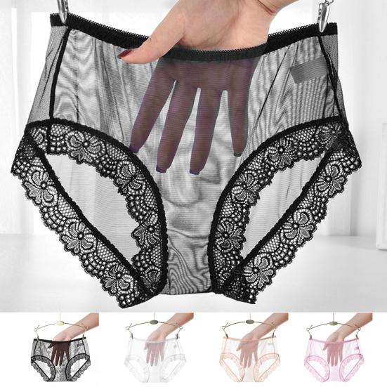 Women Panties Mid Waist Breathable Stretch Soft See-through Floral Lace Sexy