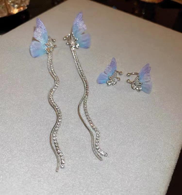 Blue & Purple Gradient Butterfly Fairy Tassel Ear Clip - No Piercing - Elf Style Earrings for Women