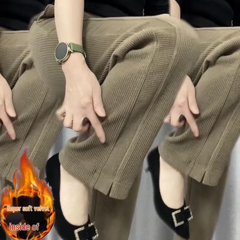 Женские брюки с высокой посадкой, на флисовой подкладке, прямого кроя, осенне-зимняя мода, утолщенные для тепла, стройнящие, свободного повседневного кроя