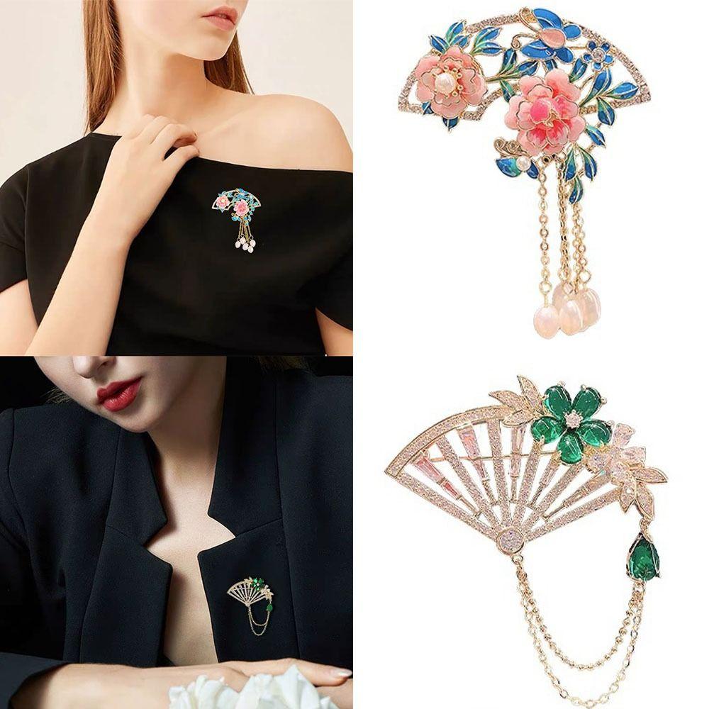 Anti-exposure Pink Peony Flower Brooch Chinese Style Tassel Fan Brooch Jewelry Accessories