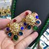Medieval 18K Lion Head Stud Earrings, Sweet and Cool Wind Inlaid with Glazed Personality Fire Old Gold Decoration