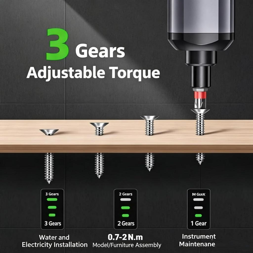 Cordless Electric Screwdriver,3 Torque Settings Rechargeable Screwdriver Set with 2000mAh Battery,LED Light,USB-C Charging,for Home Repair