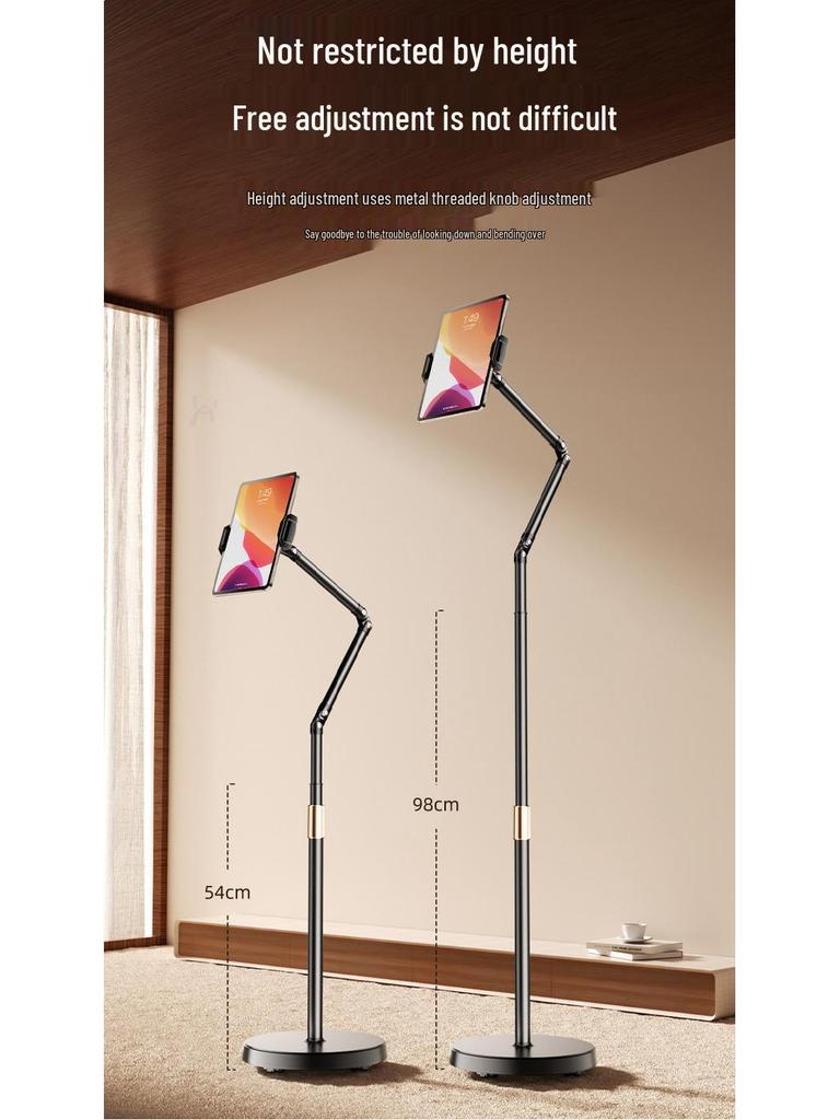 Universal Mobile Device Floor Stand with Telescopic Arm for Binge-Watching and Live Streaming