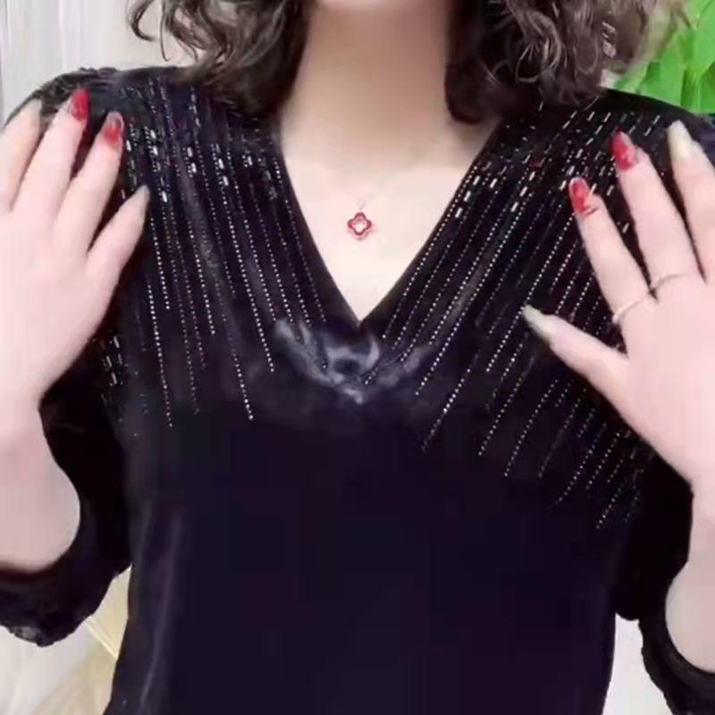 Женская винтажная блузка с V-образным вырезом, кружевом и бархатом, со стильными бриллиантами