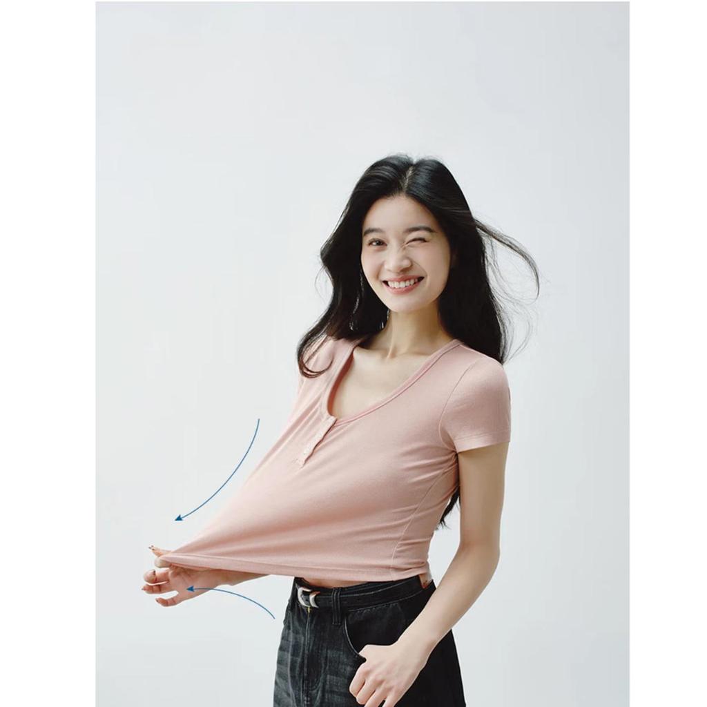 Women's Short Sleeve Henry Collar Ribbed T-Shirt Loose Fit Base Layer Summer 2026 Casual Wear
