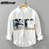 Корейская модная белая рубашка с длинным рукавом, мужская весенне-летняя мужская одежда из чистого хлопка, уличный стиль, свободный топ, лоскутная рубашка с принтом и карманом